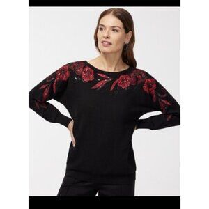 STUNNING Chico's Sweater Black Red Floral Embroidered Christmas Holiday‎ Sz 3 XL